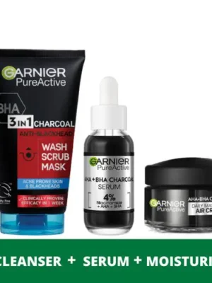 Garnier Acne Control Routine Kit: Pure Active Charcoal Wash 150ml+ AHA+BHA Charcoal Serum 30ml+ Air Cream 50ml